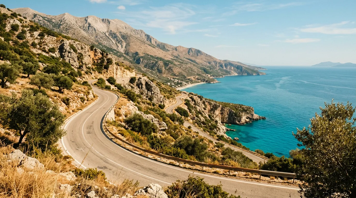 Coastal mountain road in southern Albania with turquoise Ionian Sea visible below, Mediterranean vegetation and olive trees, limestone cliffs, road winding along the mountainside, bright midday light