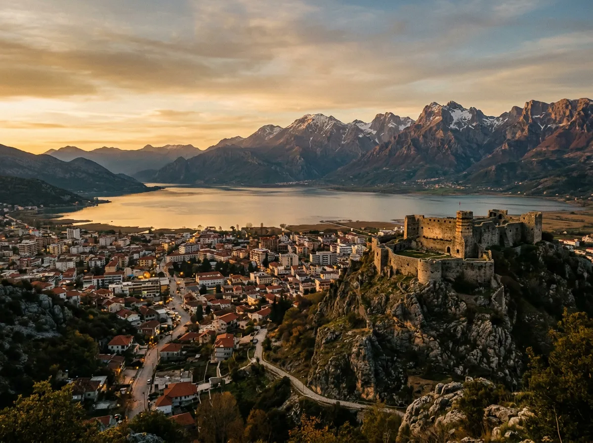 View of Shkodra with its castle on the hilltop, Lake Shkodra visible in the background, Albanian Alps rising dramatically behind the lake, evening light on the city buildings