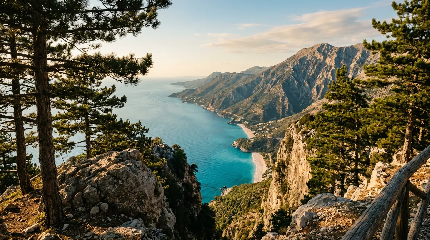 View from the summit of Llogara Pass looking south along the Albanian Riviera coastline, dramatic vertical drop to turquoise Ionian Sea, white sand beaches visible far below, pine trees framing the view, clear Mediterranean light