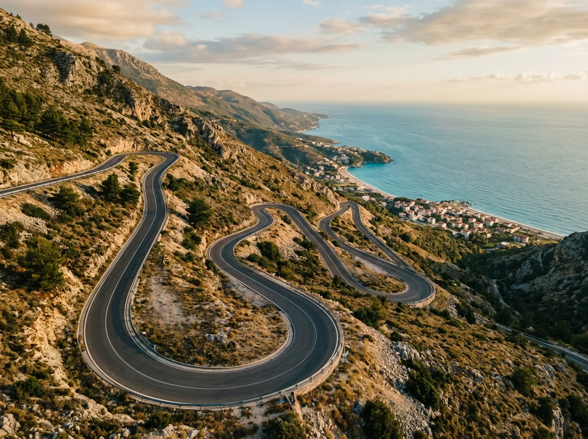 Steep switchback descent from Llogara Pass on the southern side, asphalt road carving through rocky Mediterranean mountainside, turquoise Ionian Sea visible below between the curves, coastal villages on the shoreline in the distance
