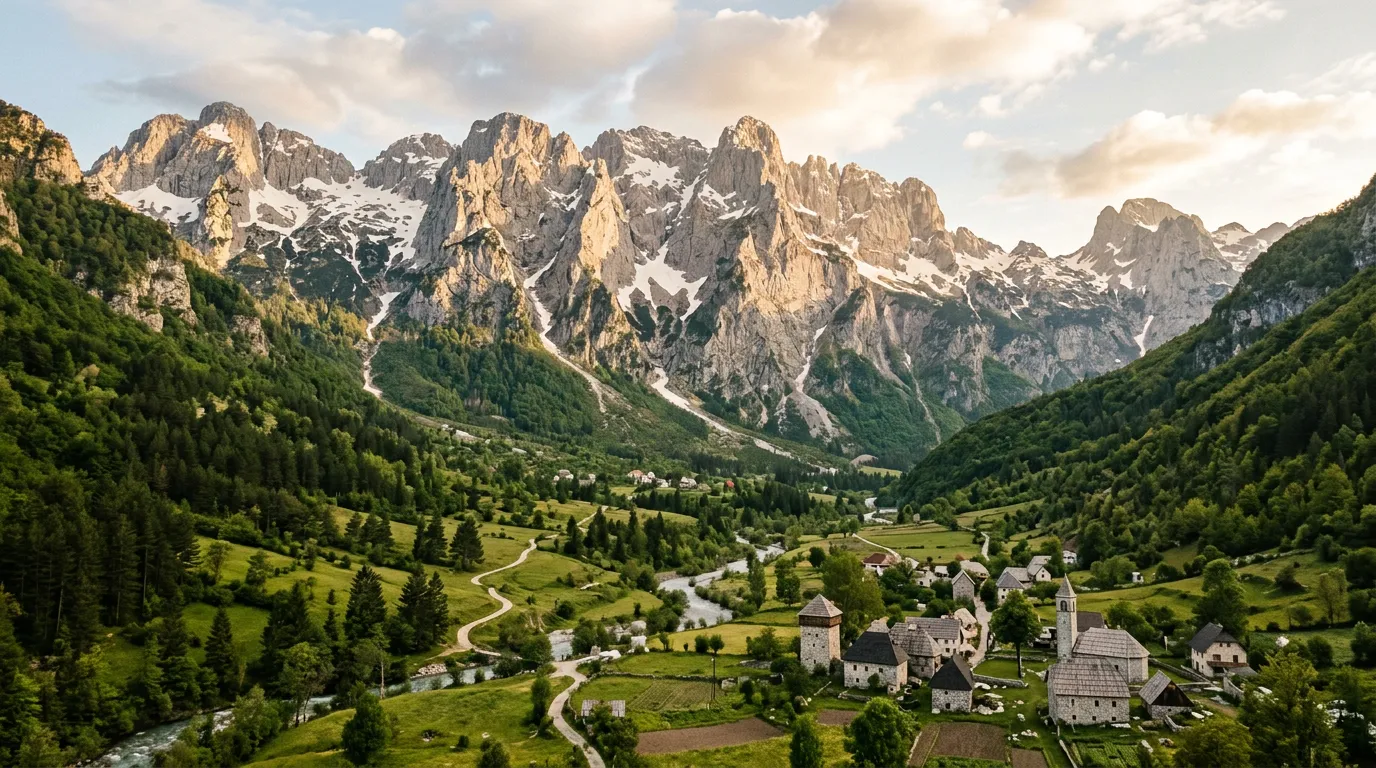 Dramatic Albanian Alps peaks rising above the Theth Valley, jagged limestone walls with patches of snow, green alpine meadow in the valley floor, traditional stone buildings visible in the settlement, morning light on the rock faces