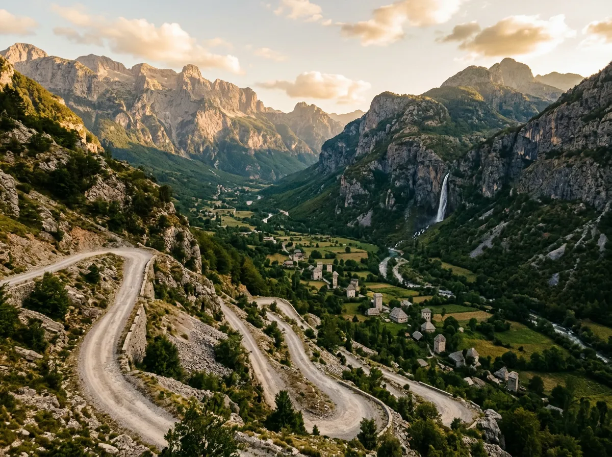 Switchback road descending from the pass toward Theth Valley, Grunas Waterfall visible as a white cascade on the far valley wall, traditional stone tower houses in the valley floor, Albanian Alps peaks framing the scene, warm golden hour light
