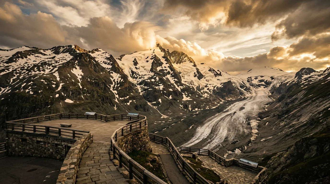 Franz-Josefs-Hohe viewpoint overlooking the Pasterze Glacier, the massive ice flow descending from the Grossglockner summit, viewing terrace with visitors visible for scale, dramatic afternoon clouds catching golden light on the peak