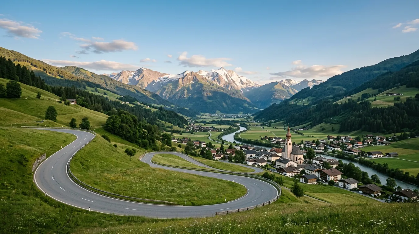 Thurn Pass road descending toward the Salzach valley, wide sweeping curves through green alpine meadow, snow-capped Hohe Tauern mountains visible in the distance, small Austrian village with church spire in the valley below, clear summer sky