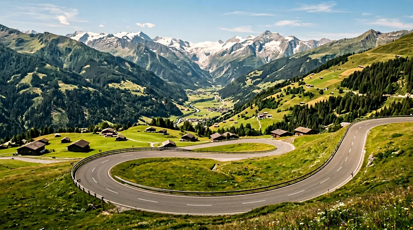 Gerlos Pass road winding through alpine landscape, wide hairpin curve on well-maintained asphalt, green meadows with scattered chalets, Zillertal valley and glaciated peaks visible in the distance, bright Austrian alpine summer light