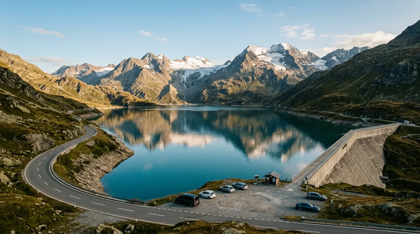 Bielerhöhe reservoir at the summit of the Silvretta High Alpine Road, deep blue-green water reflecting the Silvretta glacier peaks, the dam visible at one end, the road curving along the shore, few cars in the small parking area, clear alpine sky