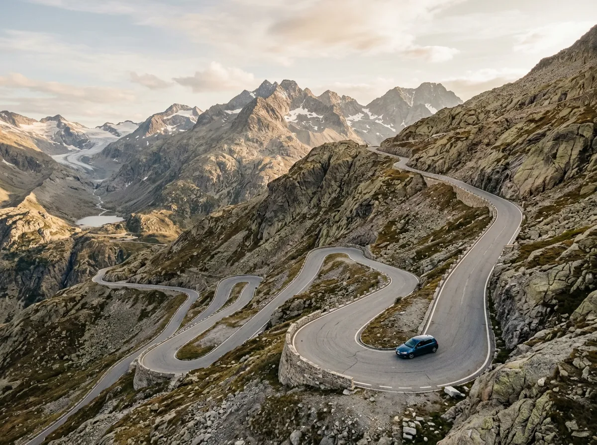 Eastern approach to the Silvretta, multiple tight hairpins stacking up through bare granite landscape above the tree line, the road visible as a gray ribbon zigzagging up the steep mountainside, small car navigating a switchback for scale