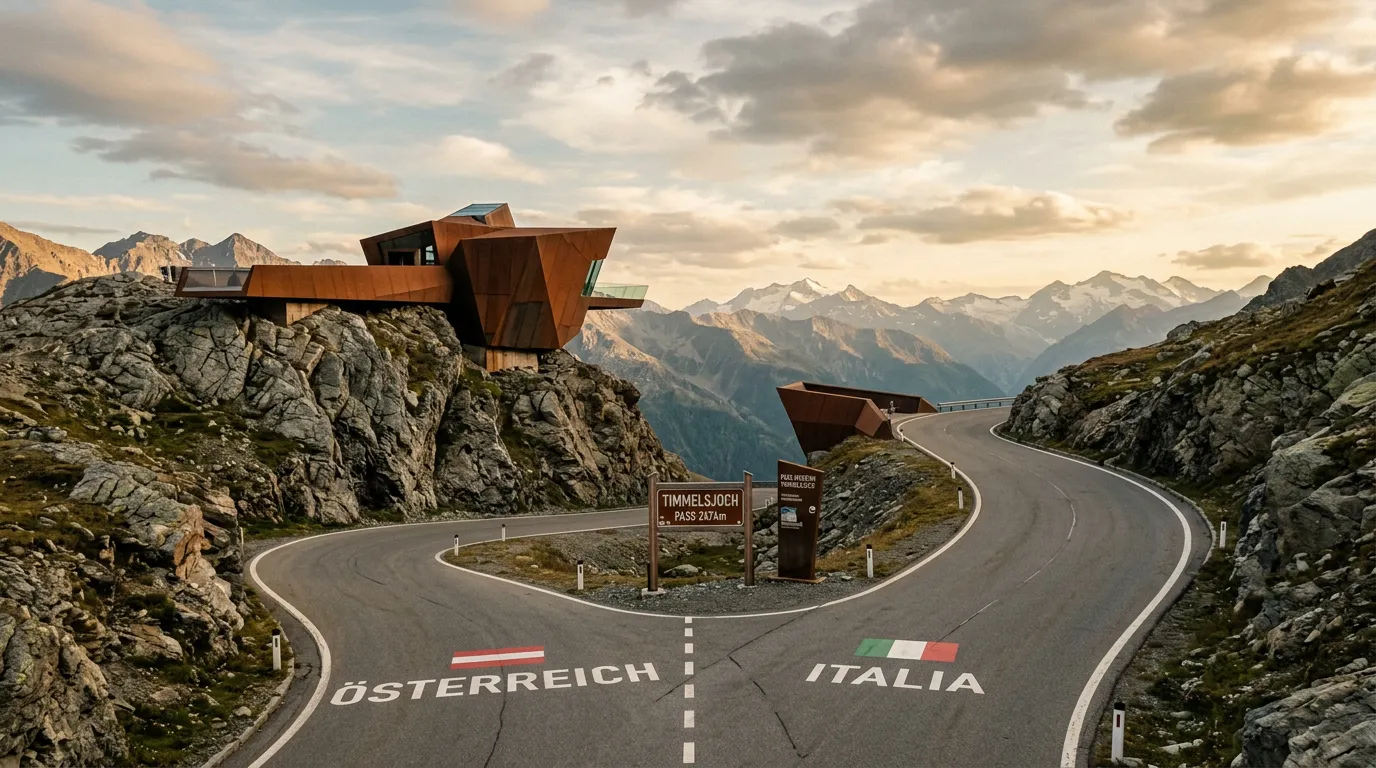 Timmelsjoch summit area at 2,474m with modern corten steel architectural installations, angular rust-colored structures against gray mountain rock, the border between Austria and Italy marked on the road, dramatic high-altitude landscape with distant peaks