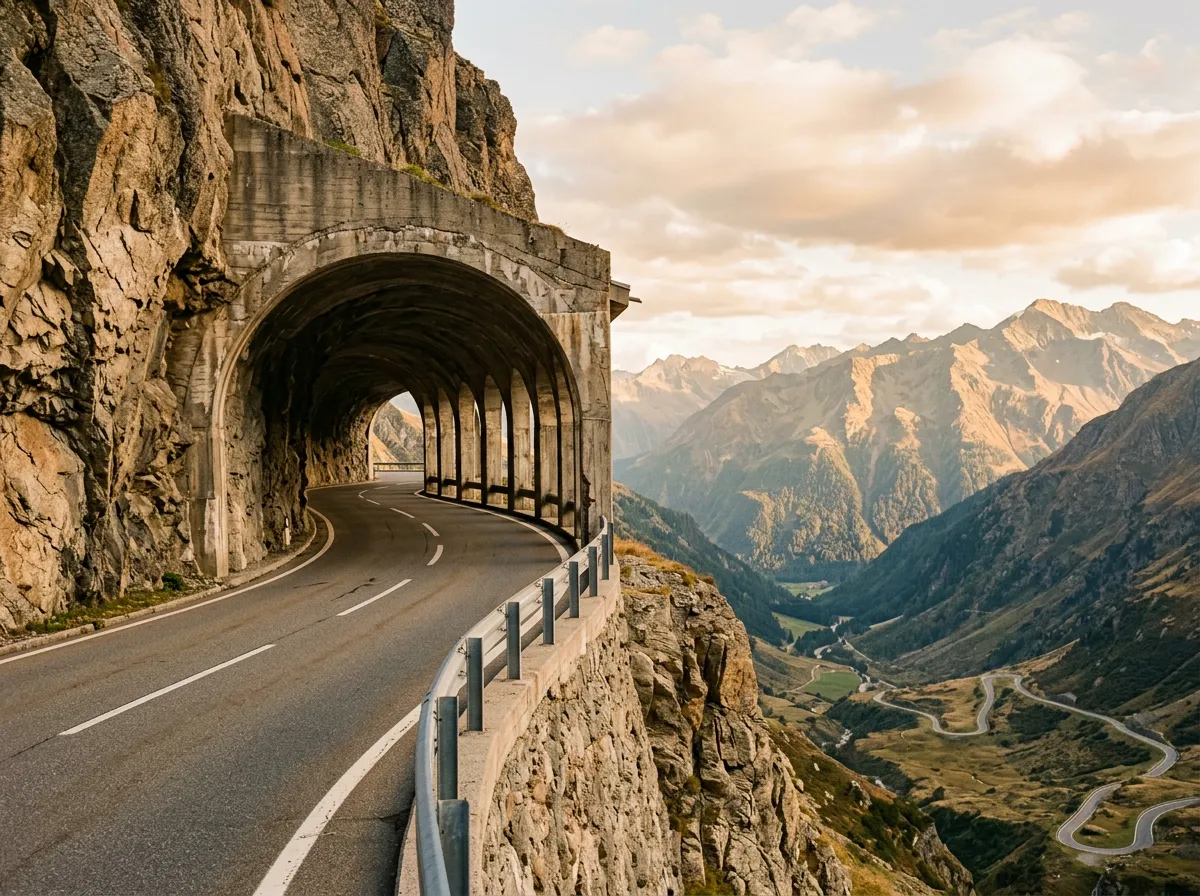 Italian side gallery section of the Timmelsjoch, the road passing through a semi-tunnel carved from cliff face with an open side revealing the dramatic drop to the Passeier Valley far below, afternoon light entering through the gallery opening
