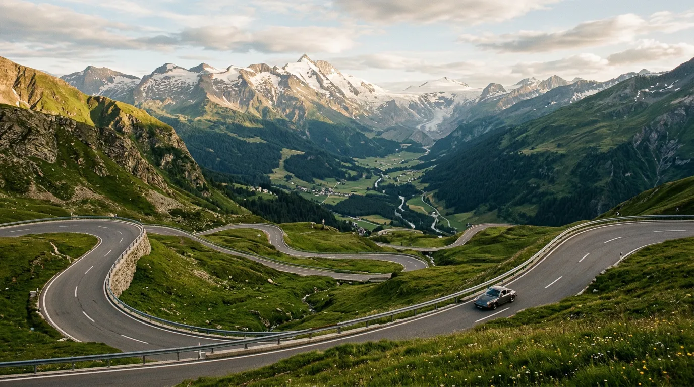 Panoramic view of the Austrian Alps from a mountain pass road, sweeping curves descending through green alpine meadow into a wide valley below, snow-capped peaks of the Hohe Tauern range in the distance, a single car on the road for scale