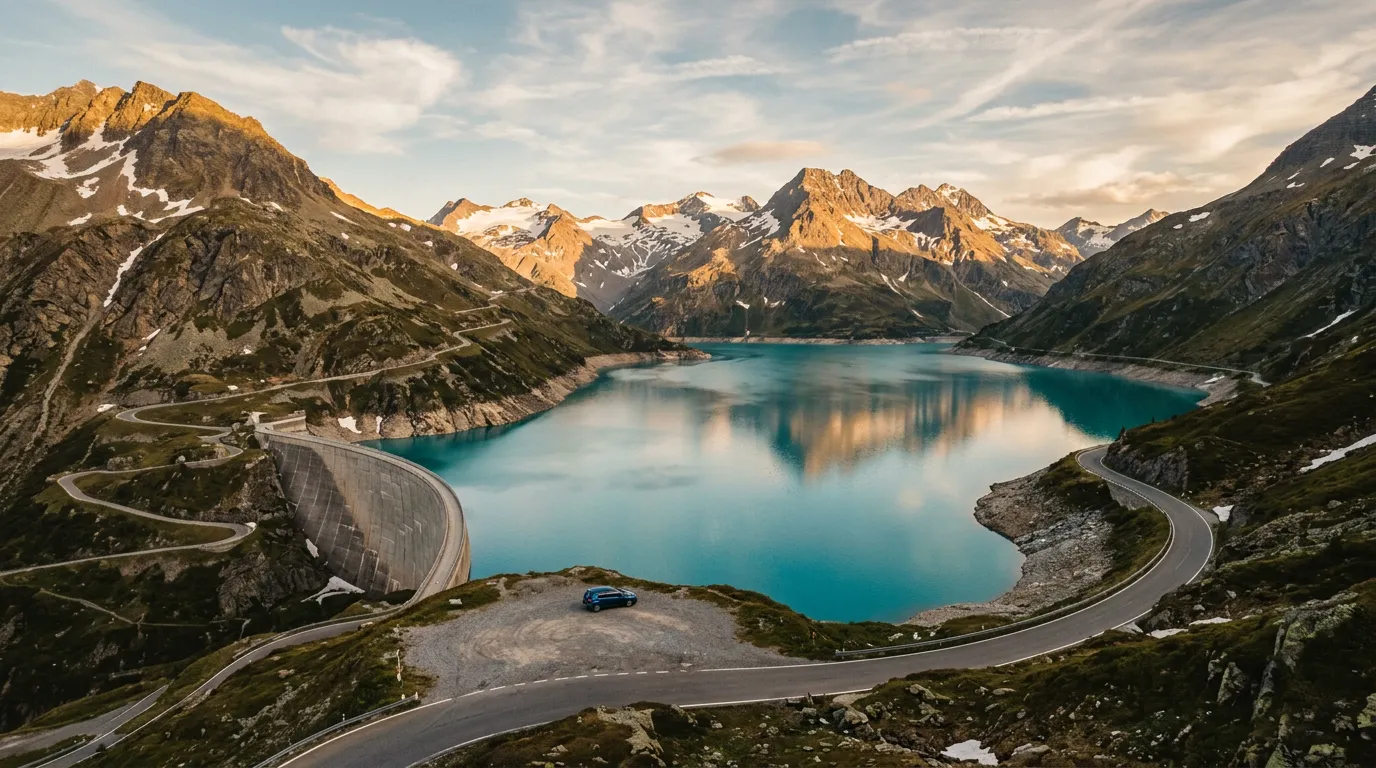 The Bielerhöhe reservoir on the Silvretta High Alpine Road, turquoise water surrounded by high alpine peaks, the dam wall visible, the road curving along the lake shore, a single car parked at the small lot, late afternoon golden light on the mountains