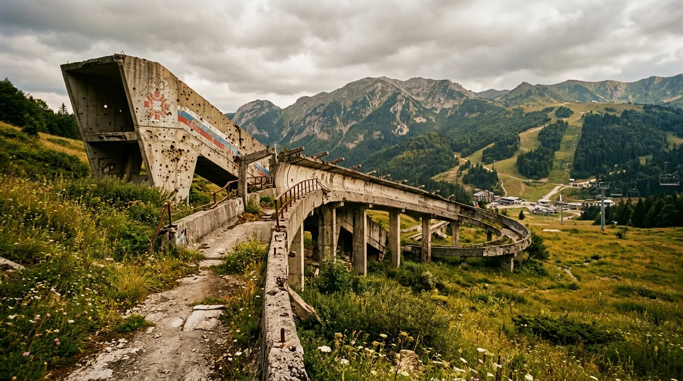 Abandoned 1984 Olympic facility on Bjelasnica mountain, concrete structures with fading paint and visible war damage, mountain landscape behind, new ski infrastructure visible in the distance, overcast sky, green mountain meadow