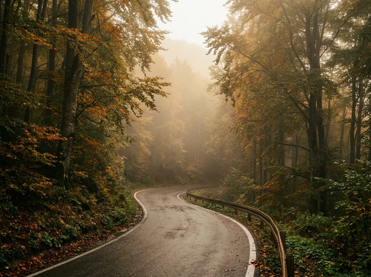 Bjelasnica mountain road climbing through dense Bosnian forest, morning fog filtering through beech trees, wet asphalt surface, gentle hairpin curve ahead, atmospheric mountain driving scene, diffuse light