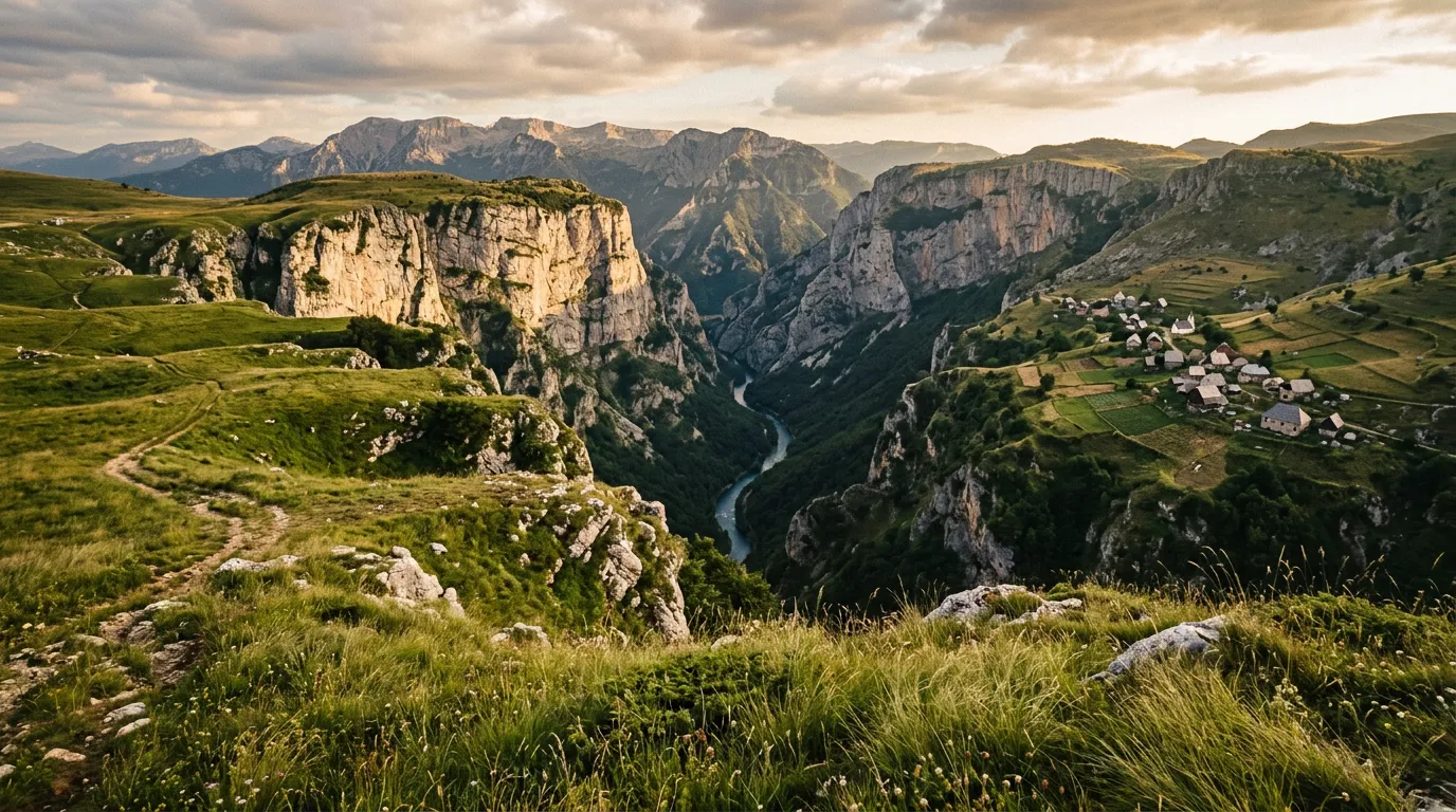 View from the Bjelasnica highland plateau looking down into the deep Rakitnica canyon, exposed limestone cliff walls, green mountain meadows in the foreground, scattered stone houses of a highland village visible, dramatic Bosnian landscape