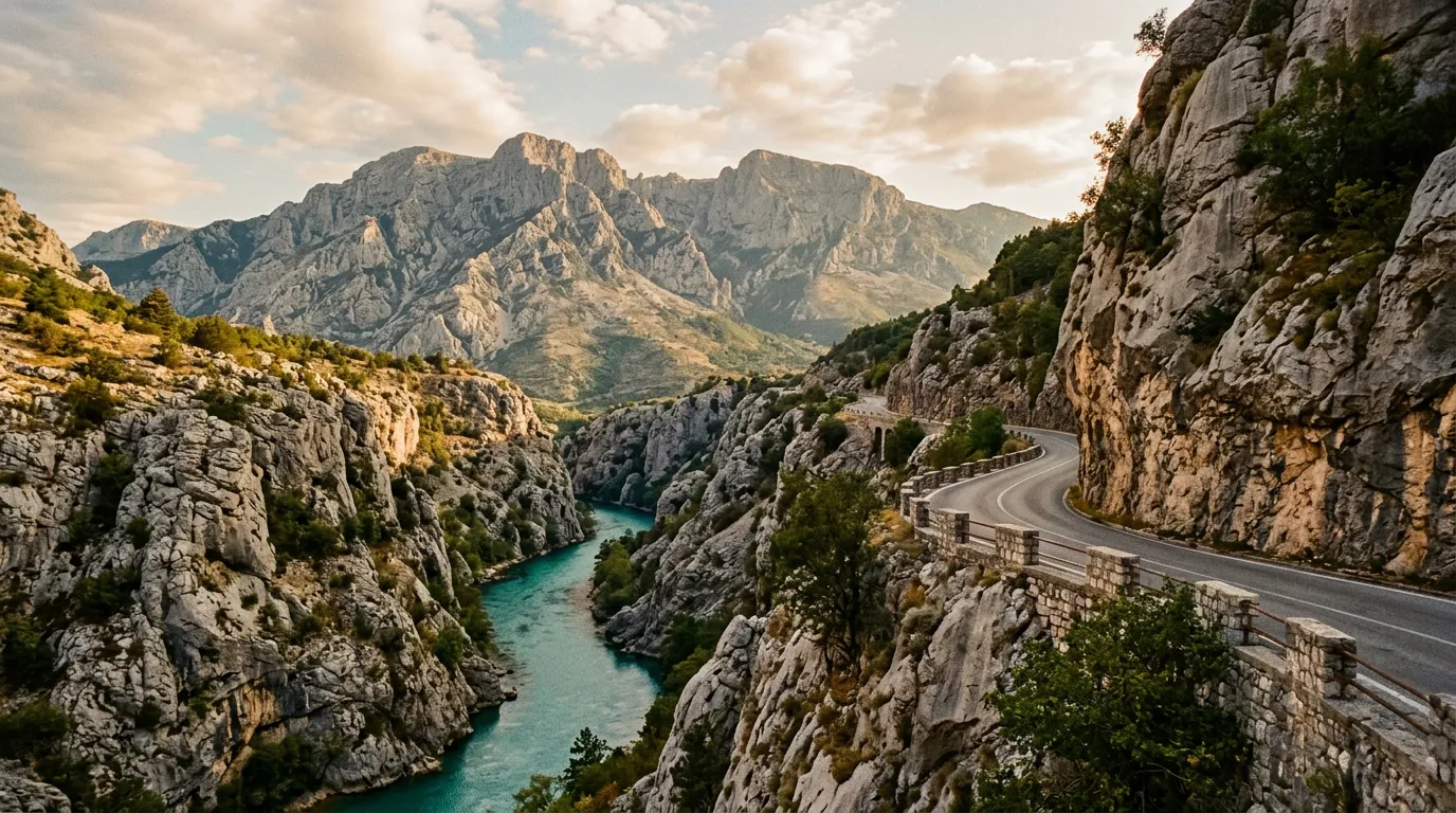 The old road along the Neretva gorge south of Jablanica, turquoise river flowing through a narrow limestone canyon, the road carved into the cliff face, Prenj mountain's dramatic grey peaks visible above, Mediterranean light