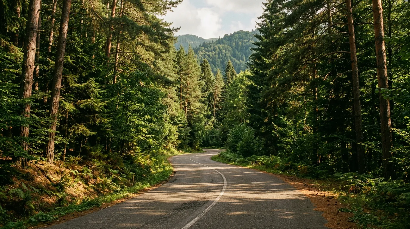 Winding asphalt road through dense pine forest in Georgia's Lesser Caucasus mountains, dappled sunlight on the road surface, gentle curves, no other vehicles, lush green canopy overhead