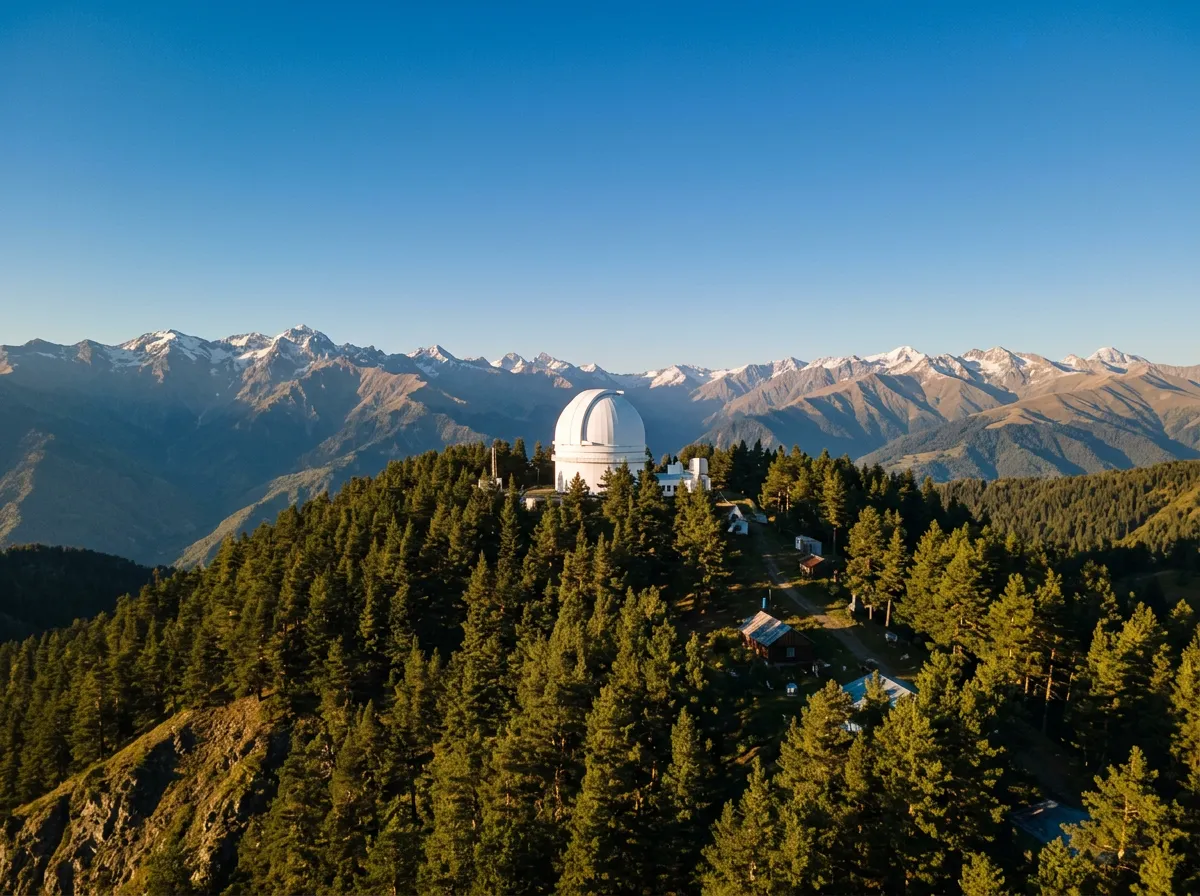 The white dome of Abastumani Astrophysical Observatory emerging above pine trees on a mountain ridge, Lesser Caucasus peaks in background, clear blue sky suggesting the area's excellent astronomical conditions