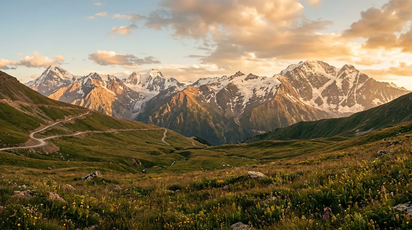 Panoramic view of the Greater Caucasus mountain range from a high alpine meadow, snow-capped peaks stretching across the horizon, a thin gravel road visible winding along a distant mountainside, golden hour light
