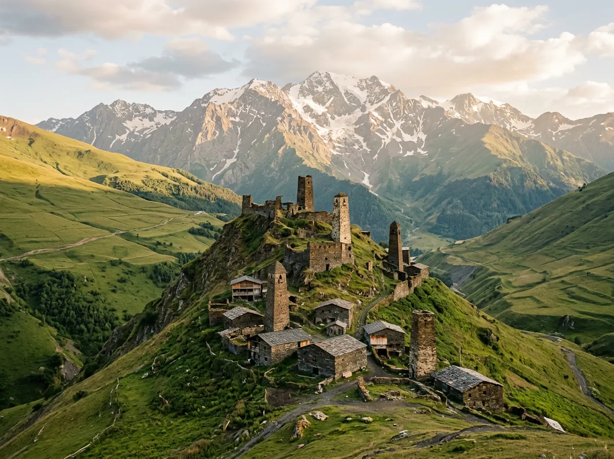 Medieval stone defensive towers of Omalo village in Tusheti perched on a ridge, green alpine meadows surrounding the settlement, Greater Caucasus peaks with patches of snow in the background, warm afternoon light
