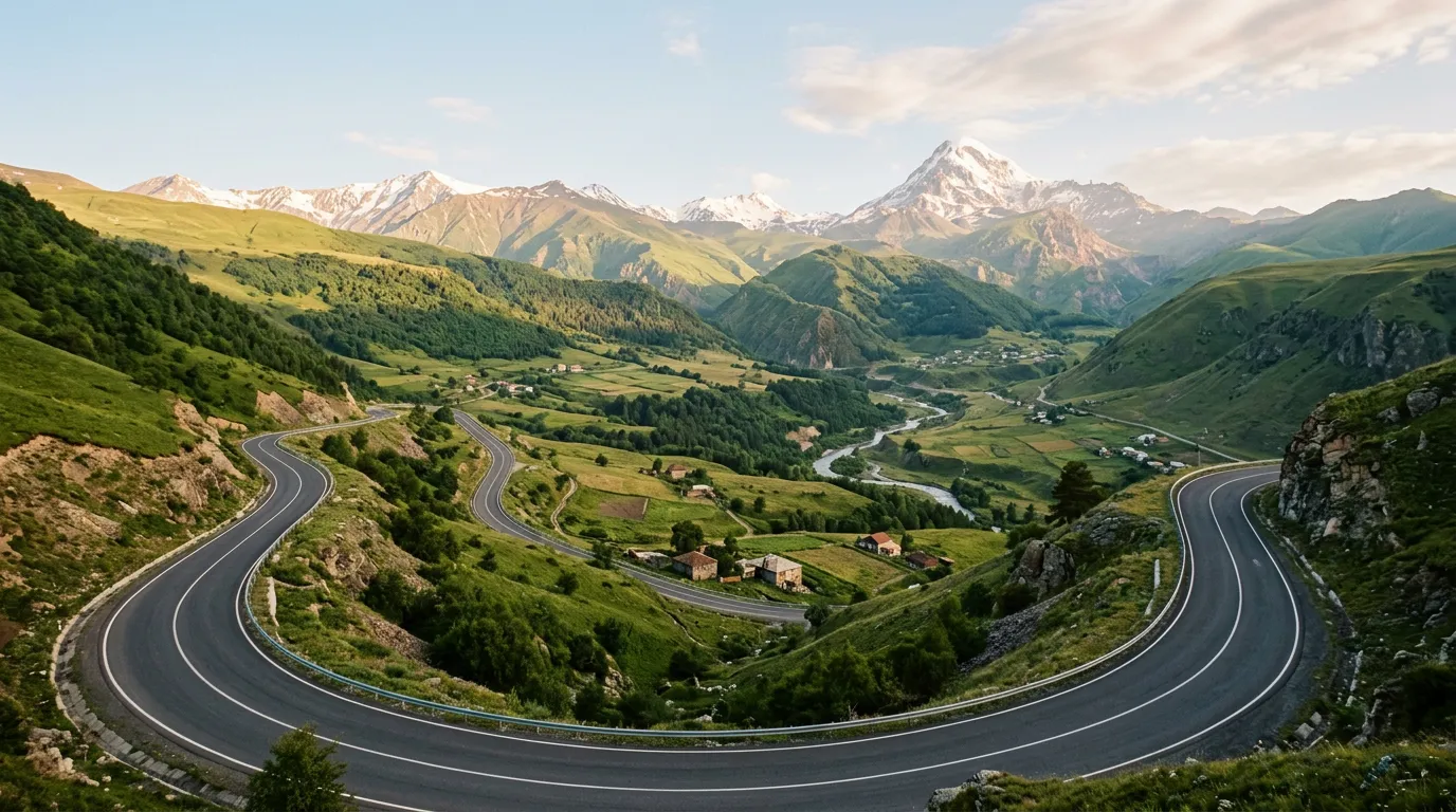 Wide-angle view of the Georgian Military Highway winding through green Aragvi Valley towards distant snow-capped Caucasus peaks, asphalt road with white lane markings, scattered stone buildings in valley below, soft morning light