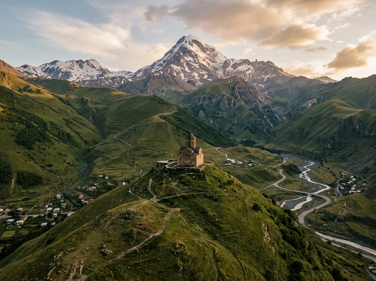 Gergeti Trinity Church perched on a green hillside with the massive snow-covered peak of Mount Kazbek rising behind it, late afternoon golden light, Georgian Military Highway visible as a thin line in the valley below