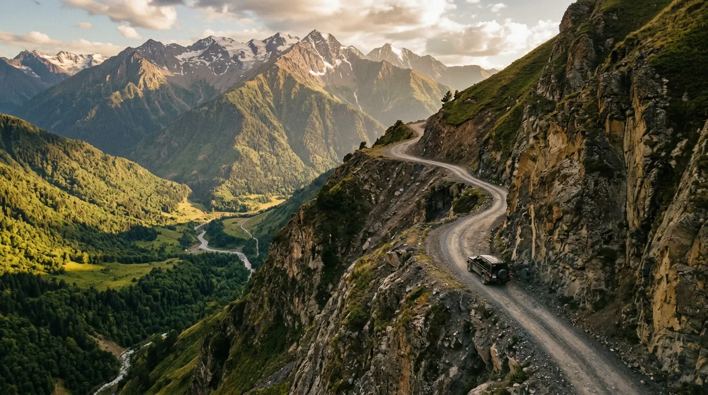 Aerial view of the Tusheti Road carved into steep mountainside, single unpaved lane with no guardrails, deep green valley 1000 meters below, Greater Caucasus peaks in background, dramatic afternoon light