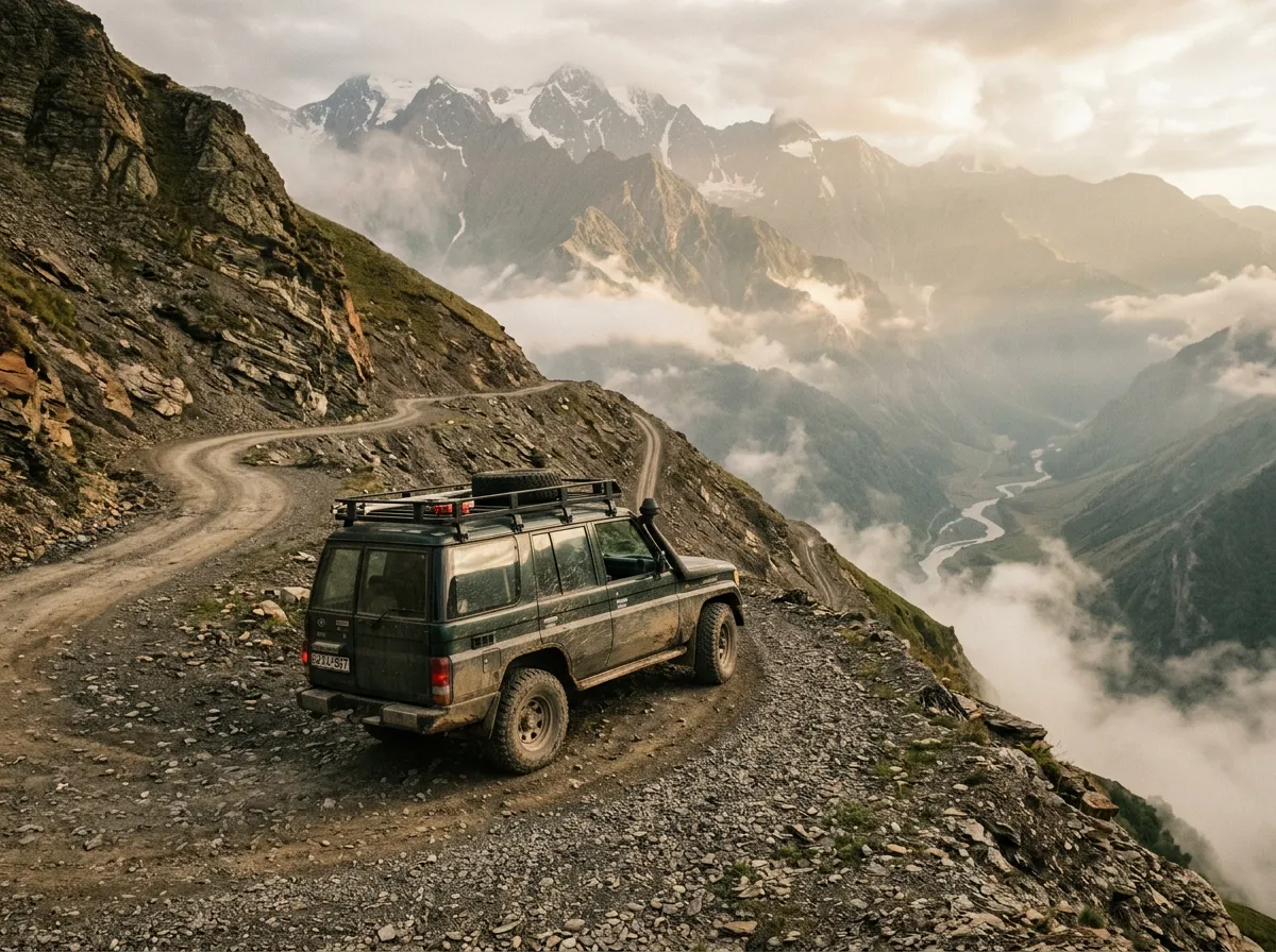 Close-up perspective of a 4x4 vehicle navigating a narrow unpaved switchback on the Tusheti Road, loose gravel surface, steep mountainside above, deep valley dropping away on outer edge, misty Caucasus peaks in distance