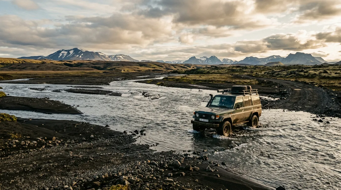 A 4x4 vehicle approaching a wide glacial river crossing on an Icelandic highland F-road, shallow braided streams with grey glacial water, black volcanic sand banks, barren highland plateau stretching to distant mountains under high cloud