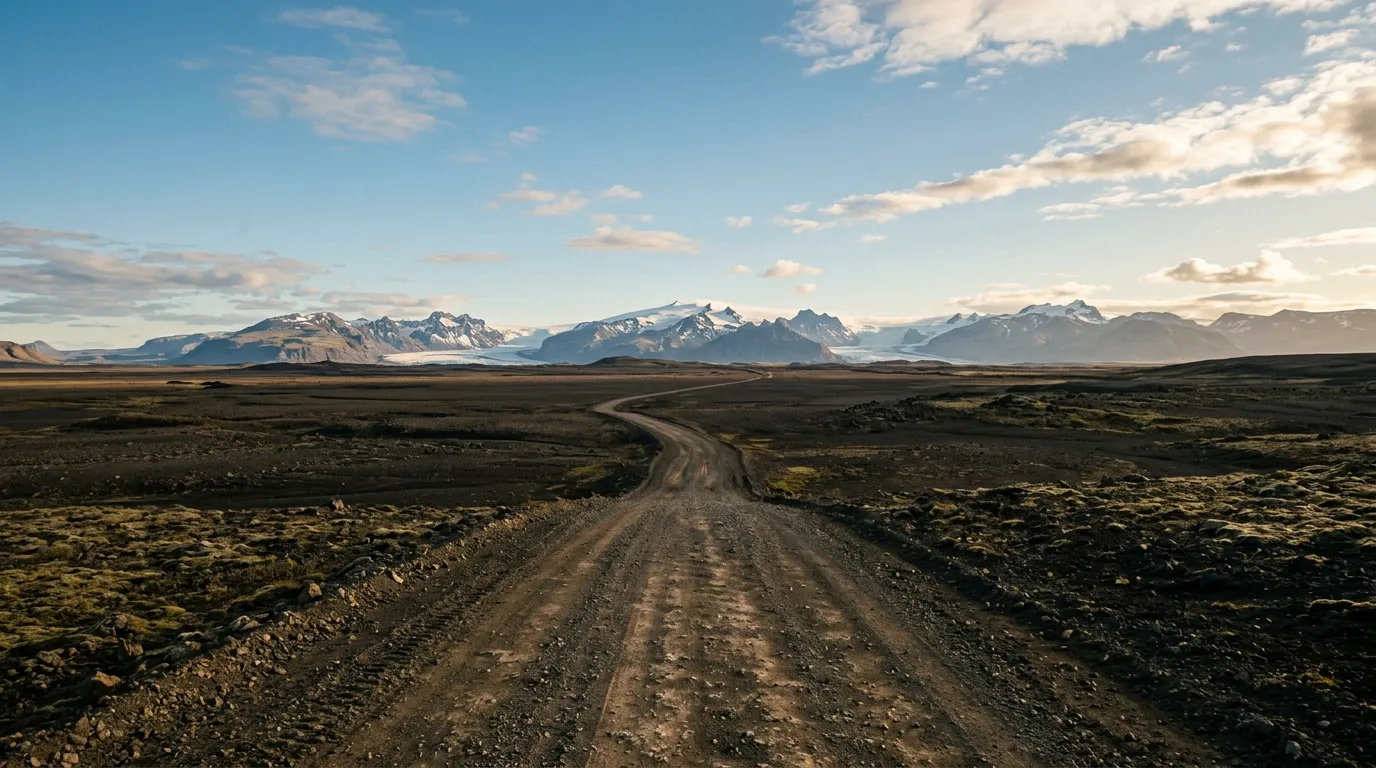 A stark Icelandic highland landscape with a gravel F-road stretching to the horizon across a flat volcanic desert, distant snow-capped mountains, no other vehicles visible, clear sky with scattered clouds, sense of vast emptiness
