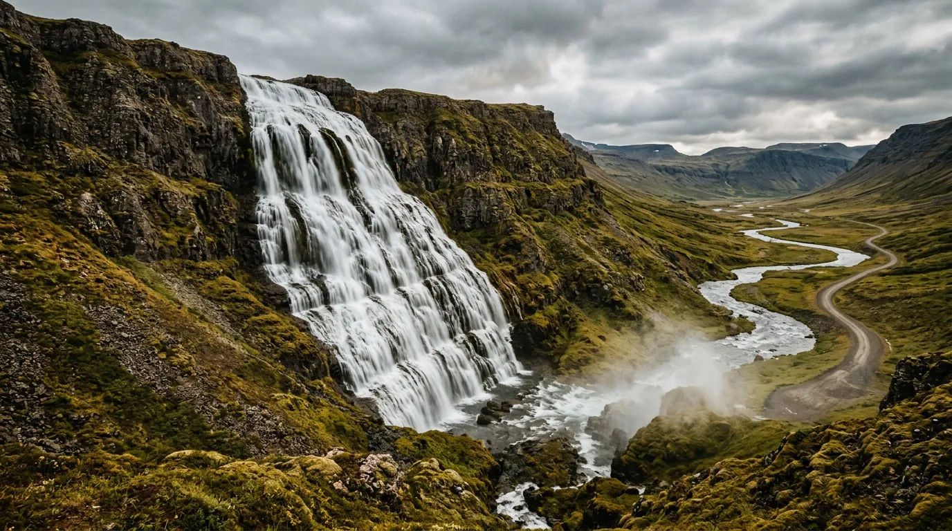 Dynjandi waterfall cascading over wide basalt cliff face, mist rising from the base, green hillside flanking the falls, a gravel road visible in the valley below, overcast Icelandic sky, no people visible