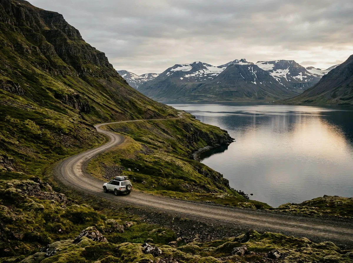 A gravel road winding along a steep Westfjords coastline, calm fjord water below reflecting grey sky, green moss-covered mountain slopes, distant snow-patched peaks, a single vehicle on the empty road, late summer light