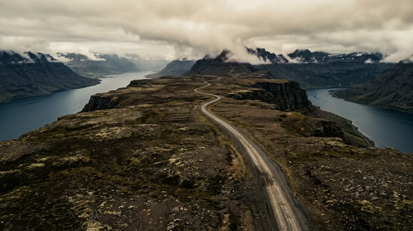 Aerial view of a single gravel road crossing a barren Westfjords heath plateau, low clouds clinging to mountain ridges, fjord water visible far below on both sides, Iceland's dramatic coastal landscape in moody overcast light