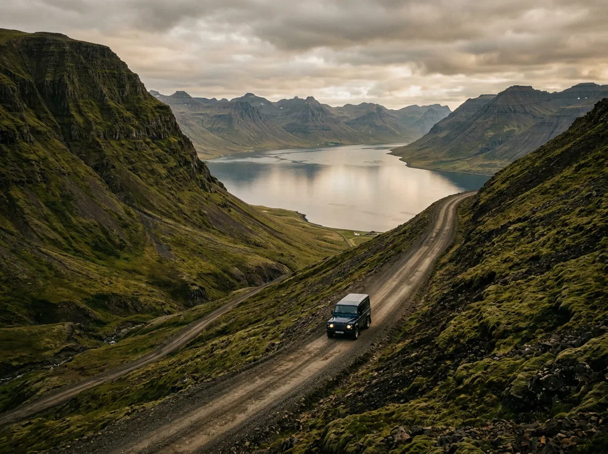 A lone vehicle on a narrow gravel road descending toward an Icelandic fjord, steep moss-covered mountainsides on both sides, calm water reflecting overcast sky, no guardrails visible, remote Westfjords landscape
