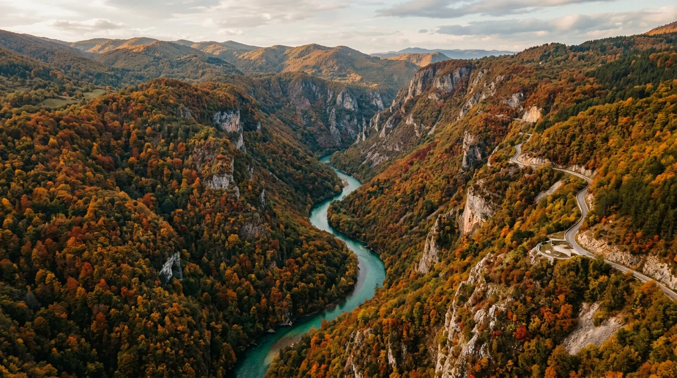Aerial view of the Tara River Canyon with turquoise water winding through steep forested gorge walls, autumn colors on the beech trees, road visible as thin line carved into canyon rim, dramatic depth perspective