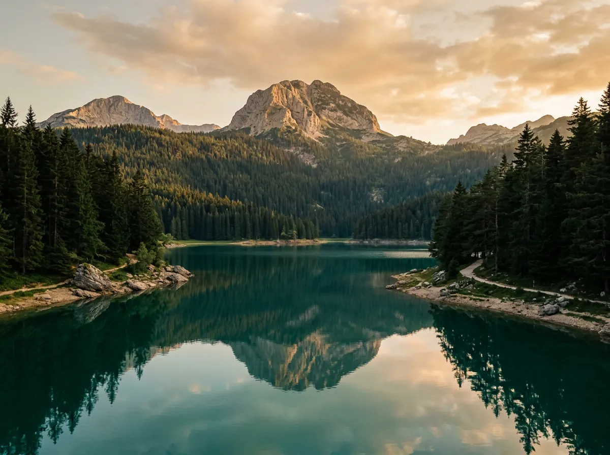 Black Lake (Crno Jezero) surrounded by dark pine forest, limestone peak of Medjed mountain reflected perfectly in the still turquoise water, late afternoon light creating long shadows across the lake surface