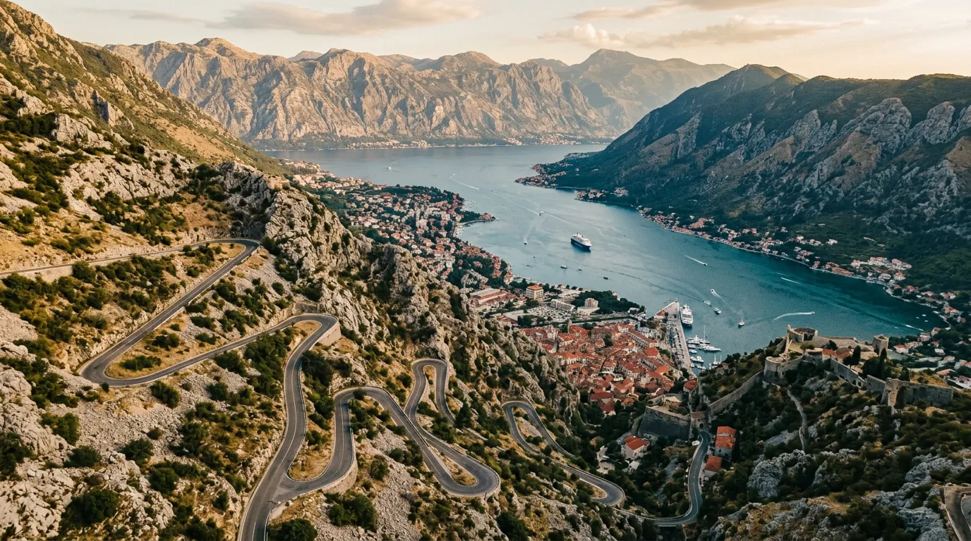 Aerial view of the Bay of Kotor from above the serpentine road, medieval walled town at water's edge, steep limestone mountains rising from fjord-like bay, boats on blue water, switchbacks visible climbing the mountainside