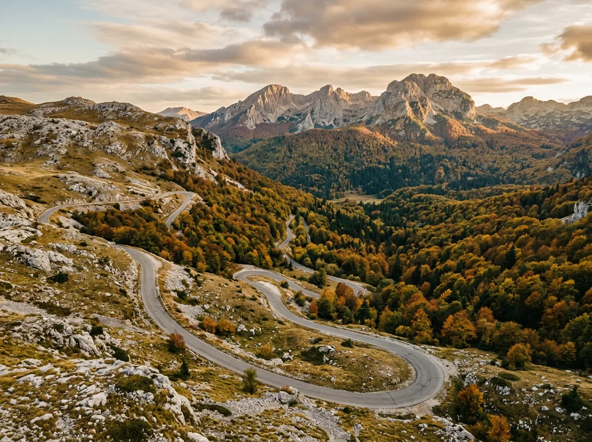 Mountain road descending from Sedlo Pass summit into forested Durmitor highlands, transition from barren karst to lush green forest visible, distant Durmitor peaks above treeline, road winding through autumn-colored beech trees