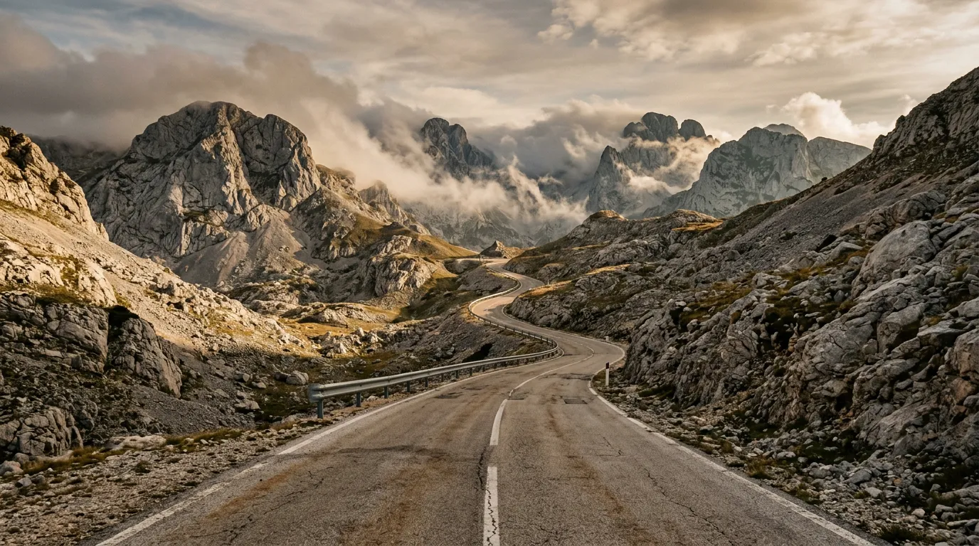 Winding mountain road approaching Sedlo Pass summit in Montenegro, bare limestone terrain on both sides, low clouds wrapping around distant peaks, late afternoon light casting long shadows, road empty and stretching toward the high point