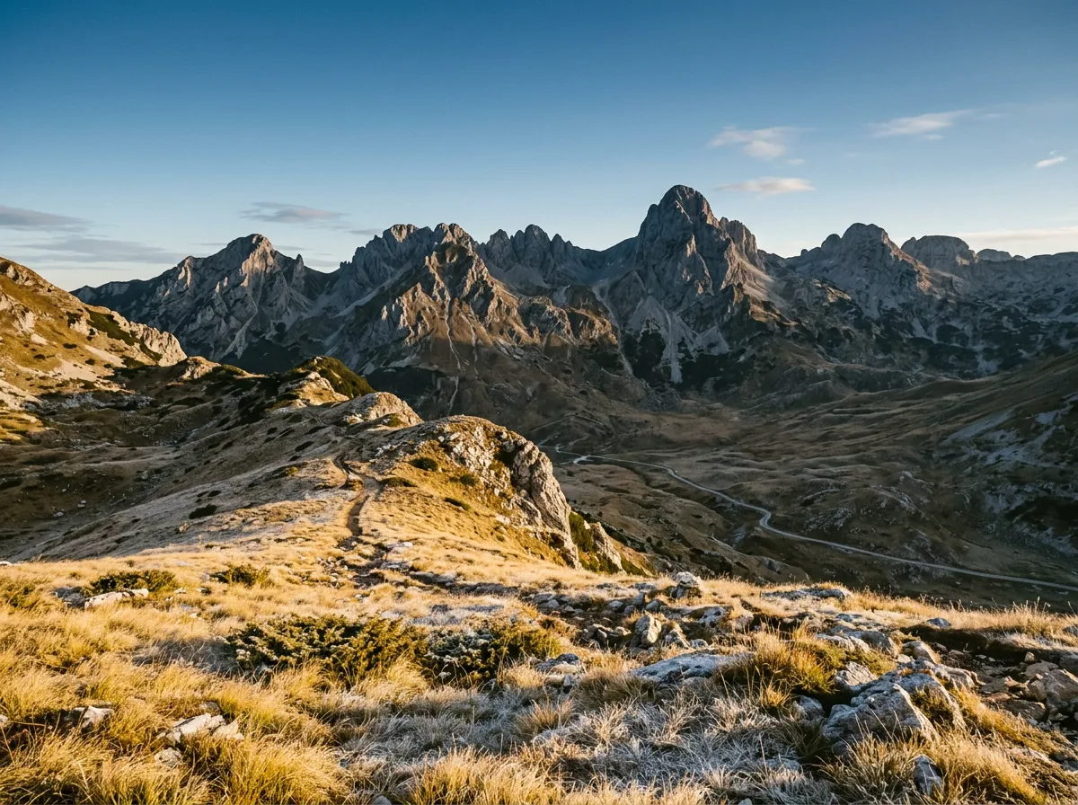View from Sedlo Pass summit at 1,907 meters looking north toward Durmitor massif, alpine meadow in foreground with frost-tipped grass, jagged limestone peaks of Bobotov Kuk visible against clear sky, dramatic scale and emptiness