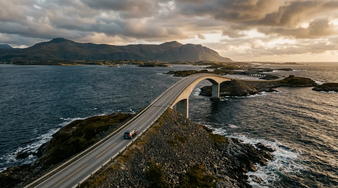 The Atlantic Road in Norway with its curving bridges hopping between small rocky islands over dark blue ocean, dramatic clouds overhead, a single car crossing the highest bridge arc