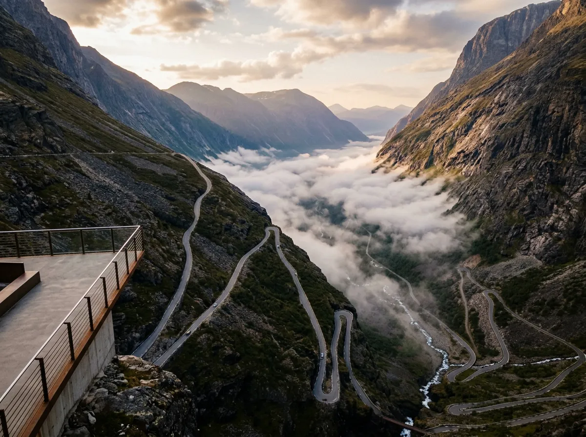 View from the Trollstigen summit viewing platform looking down at the hairpin road below, clouds filling the valley, distant mountains fading into blue haze