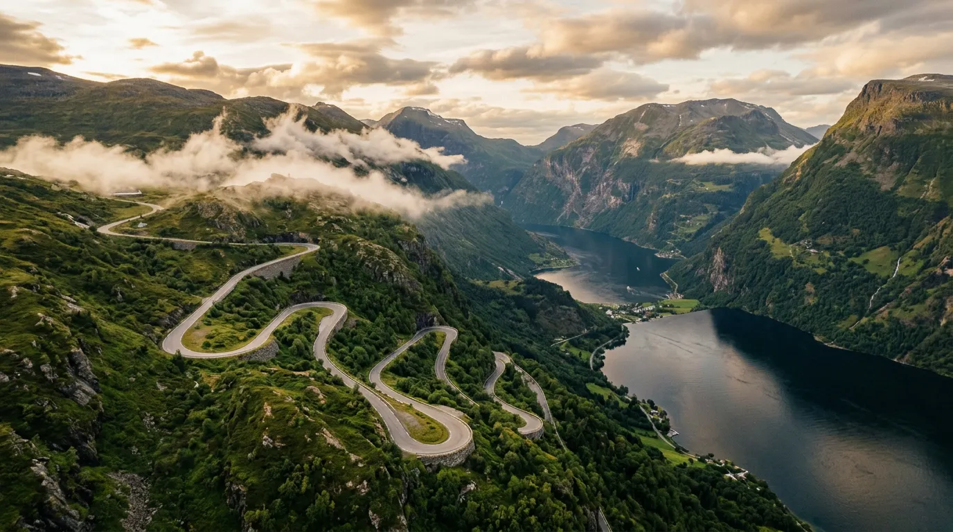 Aerial view of a winding mountain road above a deep Norwegian fjord, lush green mountainsides dropping to dark blue water, scattered clouds at road elevation