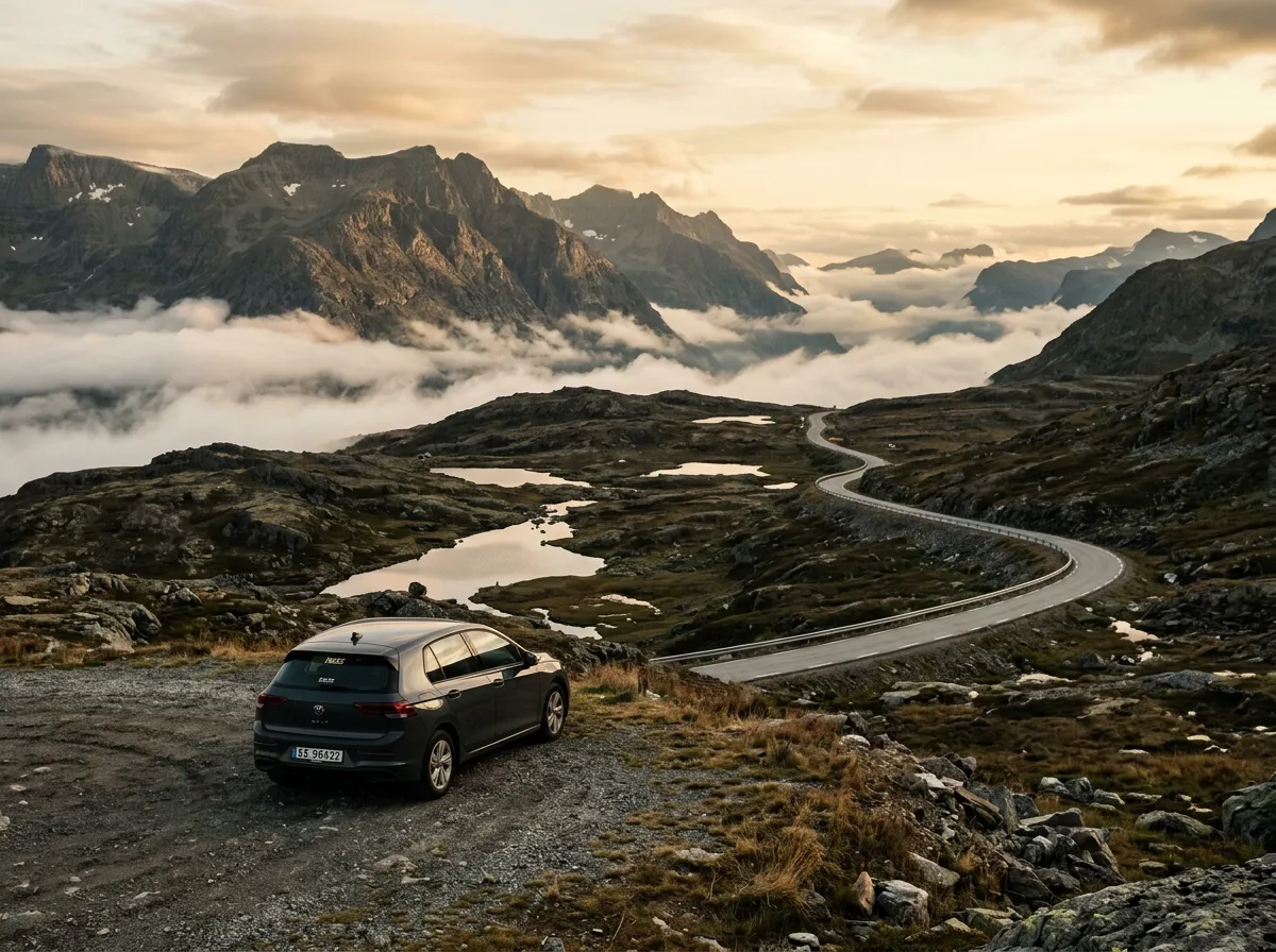 A compact rental car parked at a mountain plateau pullout in Norway, low clouds at eye level, bare rocky terrain with small alpine lakes, a narrow mountain road stretching into the distance