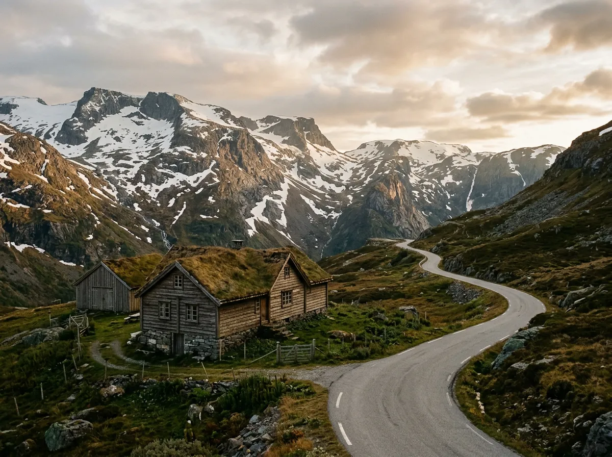 A traditional turf-roofed mountain farm building beside Lysevegen with alpine terrain and patches of late-season snow in the background, a narrow road curving past the farm