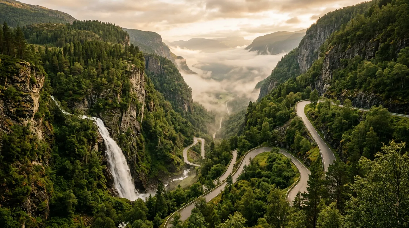 View down the narrow Stalheimskleiva gorge with the steep single-lane road cutting through lush green vegetation, Stalheimsfossen waterfall visible on the left canyon wall, mist hanging in the valley below