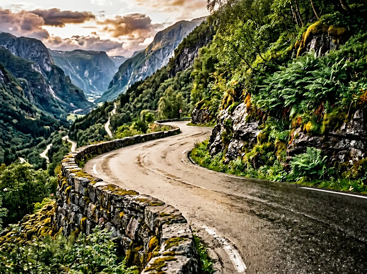Close-up of one of the tightest hairpin bends on Stalheimskleiva, wet asphalt glistening, low stone wall on the outside of the turn, lush ferns and moss covering the rock face beside the road