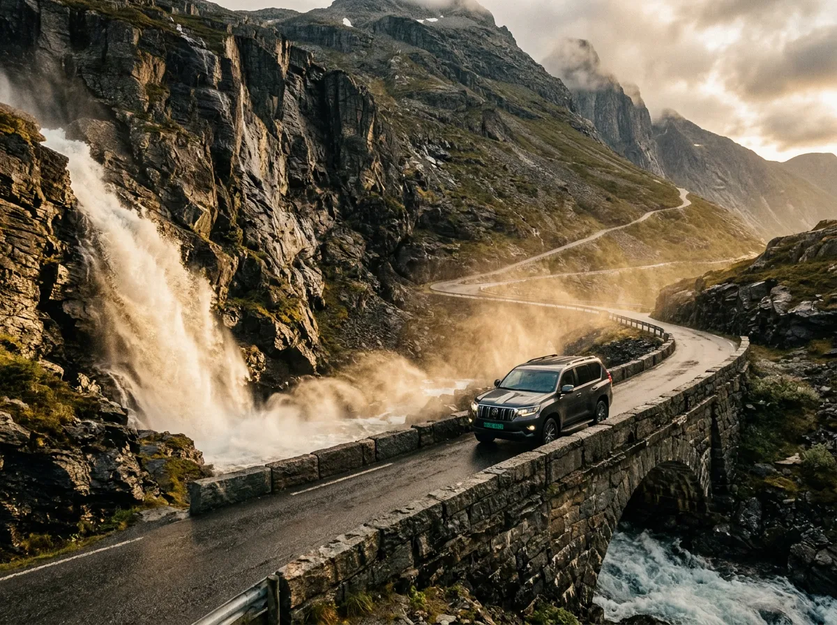 Close-up view of a car crossing the stone bridge at Trollstigen with Stigfossen waterfall cascading next to the road, spray visible in the air, steep cliff face behind