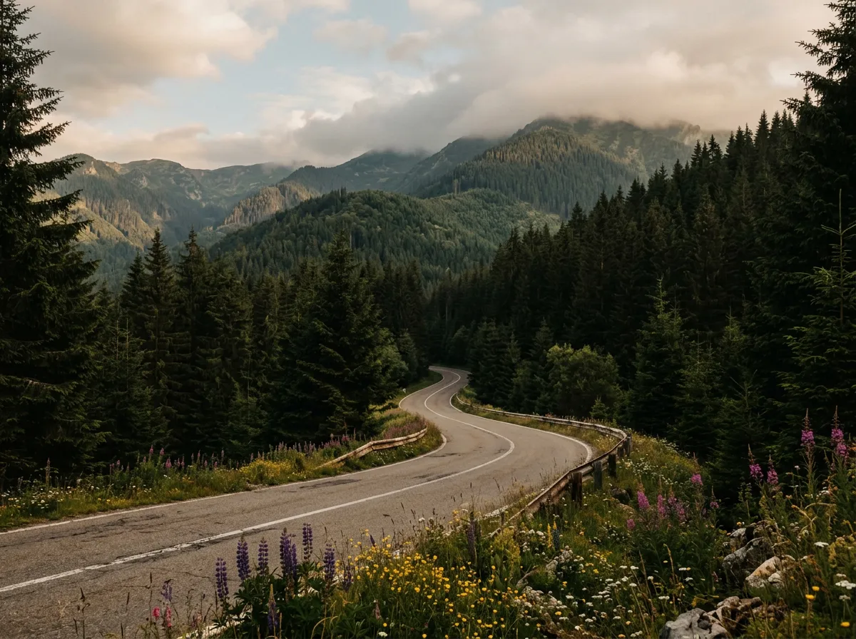 View from the Balan Pass summit area through spruce forest, a quiet two-lane road disappearing into the trees, wildflowers along the roadside, low clouds touching the higher ridges in the distance