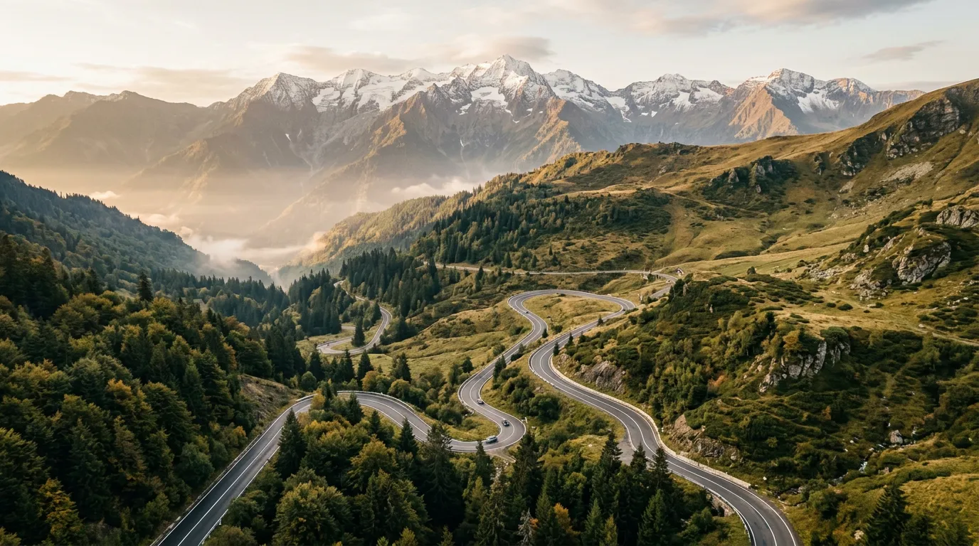 Aerial view of a winding Carpathian mountain road cutting through mixed forest and alpine meadow, the Fagaras mountain range with snow-capped peaks visible in the background, early morning light