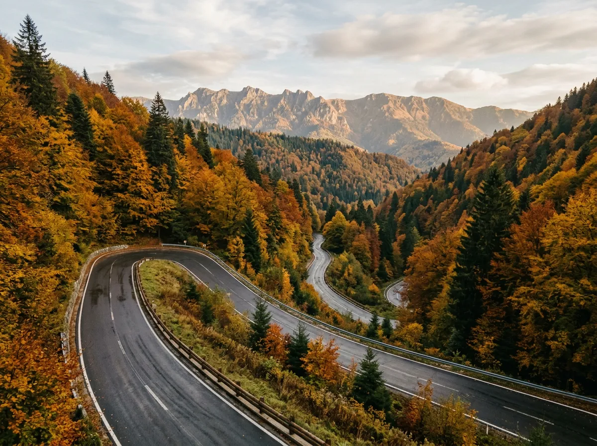 A mountain road descending through autumn-colored forest with golden beech and dark green spruce, the Carpathian ridgeline visible above the treeline, soft afternoon light